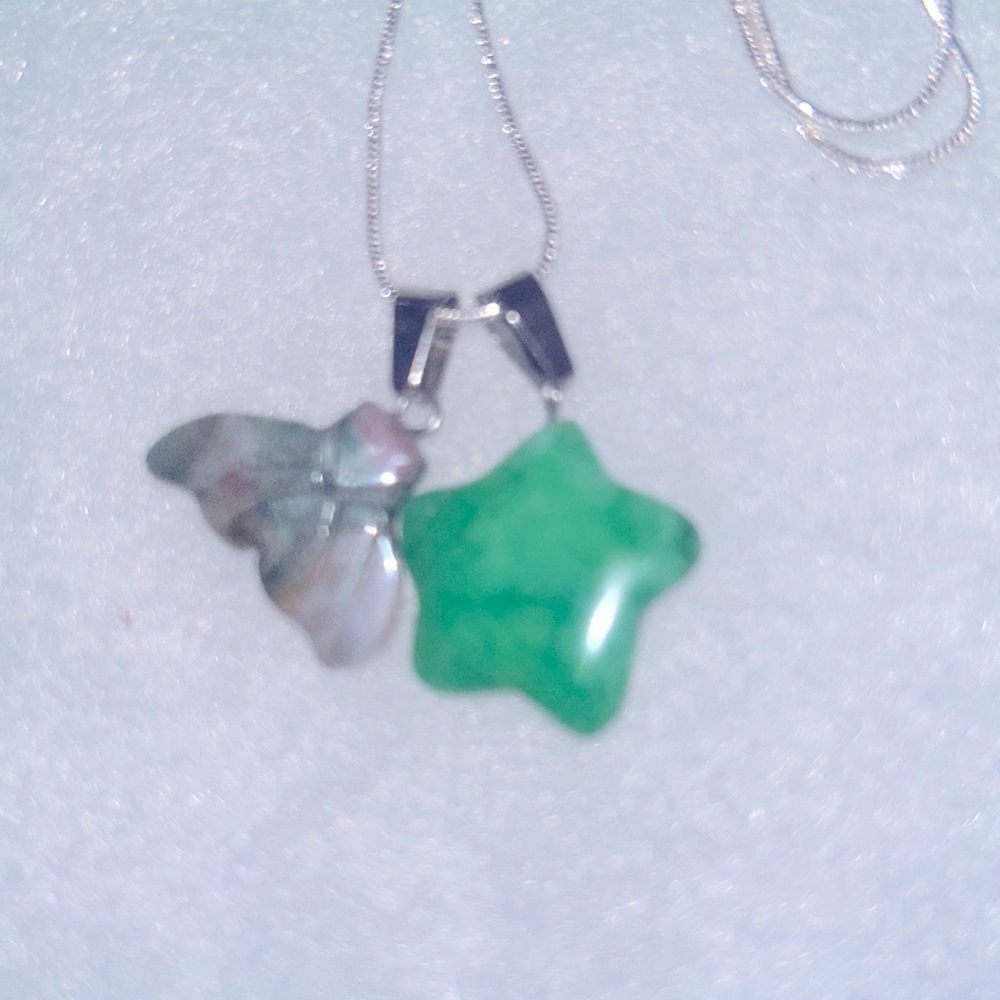 Boho hippie Jade Mermaid tail and Jade Star Sterling Silver Necklace 16”